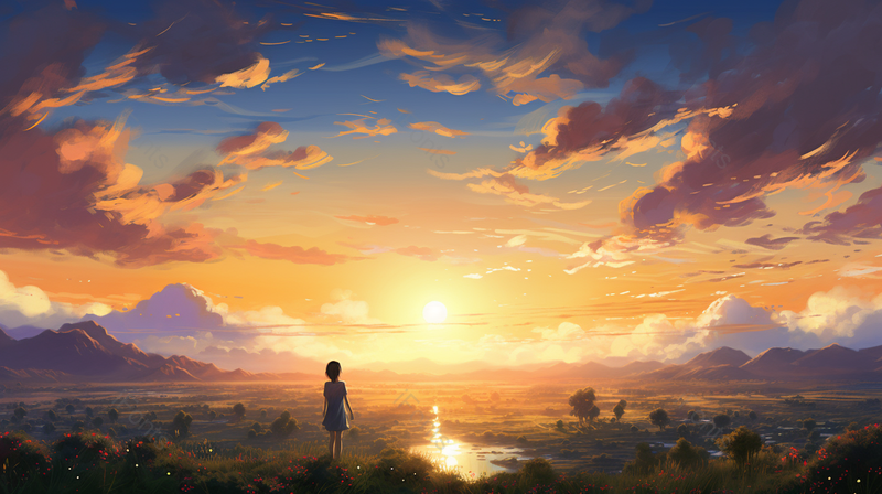 黄昏光线日落女性白云户外,插画/手绘图,插画/手绘图库,插画/手绘图下载,插画/手绘